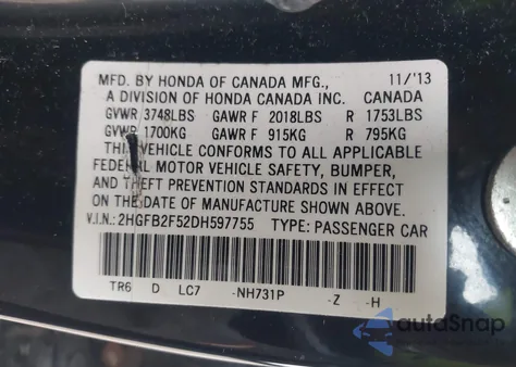 2013 Honda Civic Lx z USA, uszkodzony, nr VIN 2HGFB2F52DH597755